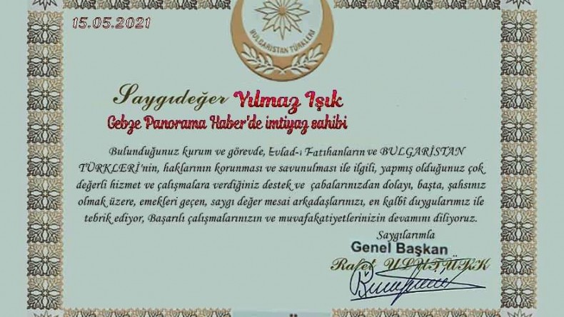 Gazetemize teşekkür belgesi