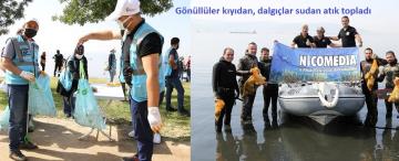 Gönüllüler kıyıdan, dalgıçlar sudan atık topladı